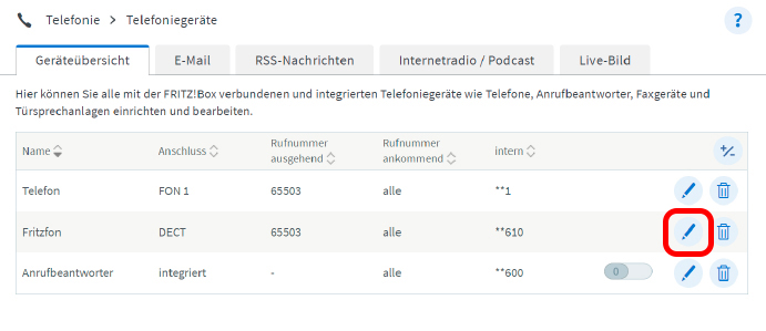 Telefongeräte-Konfiguration öffnen