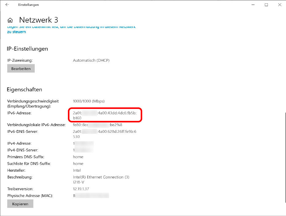 Wenn IPv6 am Router korrekt eingerichtet ist, erhält jeder IPv6-Client für die Verbindung ins Internet eine (globale) IPv6-Adresse, die immer mit „2“ beginnt.