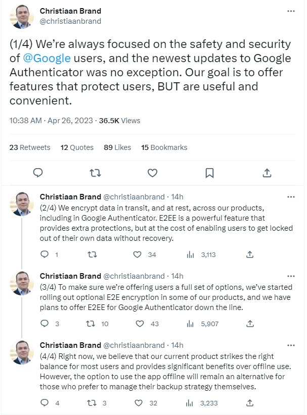Google response to Authenticator's lack of E2EE