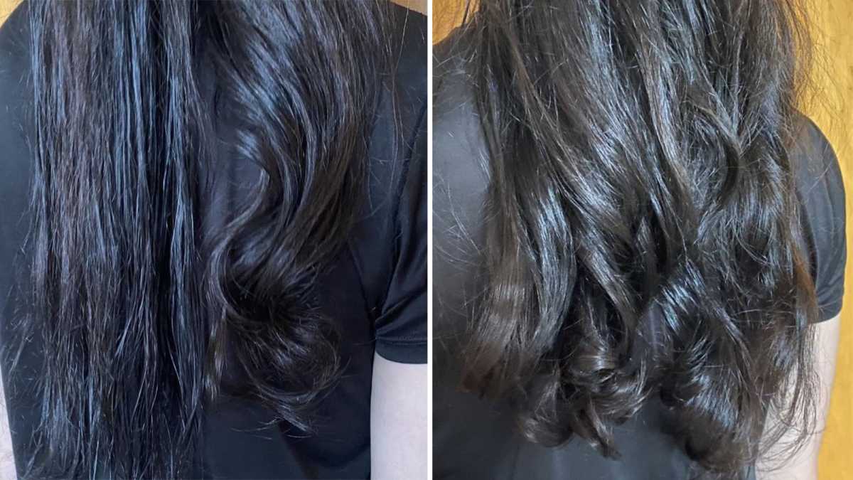 Hair before and after using auto-wrap curlers 
