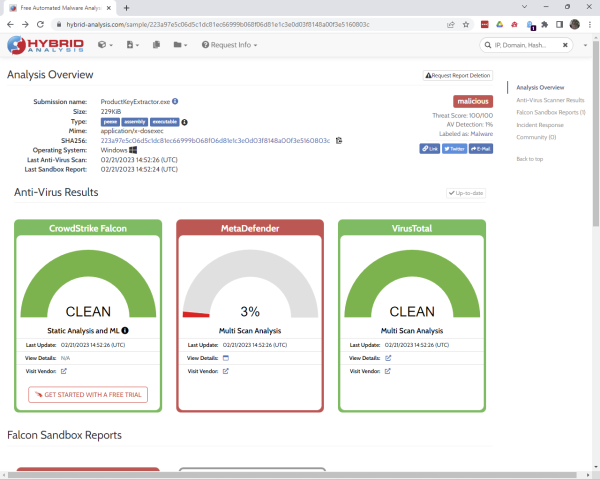 Auf der Ergebnisseite präsentiert Hybrid Analysis die Auswertungen mehrerer Virenscanner und präsentiert erste Analysen. Rechts oben weist eine rote Einblendung auf eine potenzielle Malware hin.
