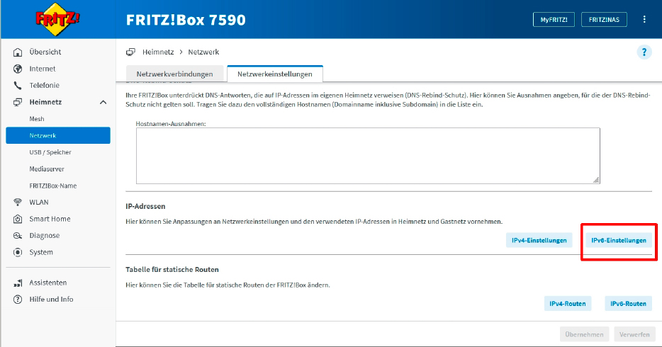 In den Netzwerkeinstellungen der Fritzbox legen Sie fest, wie der Router das IPv6-Präfix an die Heimnetzgeräte verteilt. Allerdings ist diese Option nicht sofort zu finden.