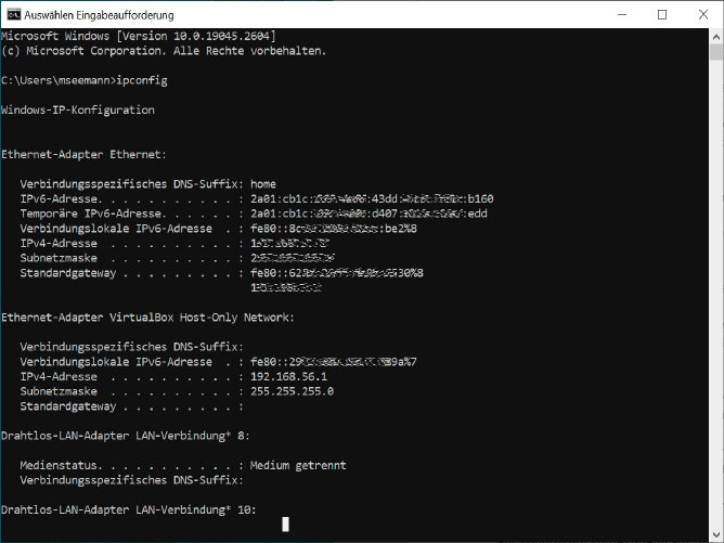 Windows listet in der Eingabeaufforderung mit dem Kommando ipconfig alle drei IPv6-Adressarten auf, sofern dieser Rechner mit einem IPv6- Router verbunden ist.