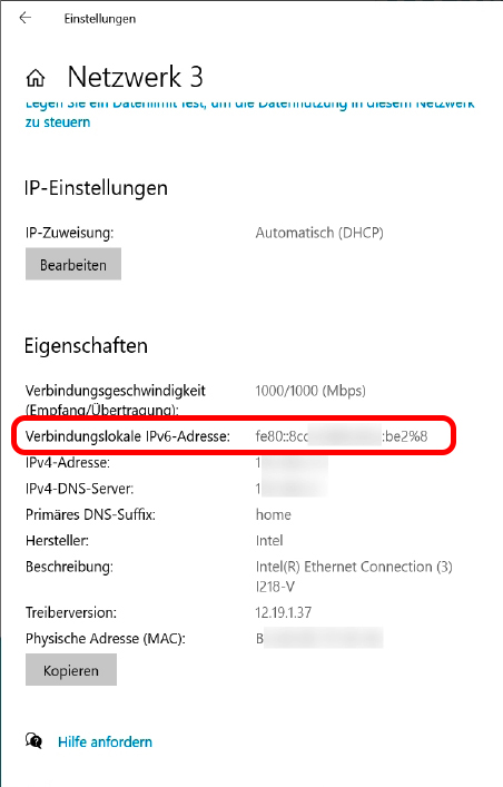 Ist IPv6 am Router nicht aktiviert, dann sind Ihre IPv6- fähigen Clients nur mit einer „Verbindungslokalen IPv6-Adresse“ ausgestattet, die mit „fe80::“ beginnt.