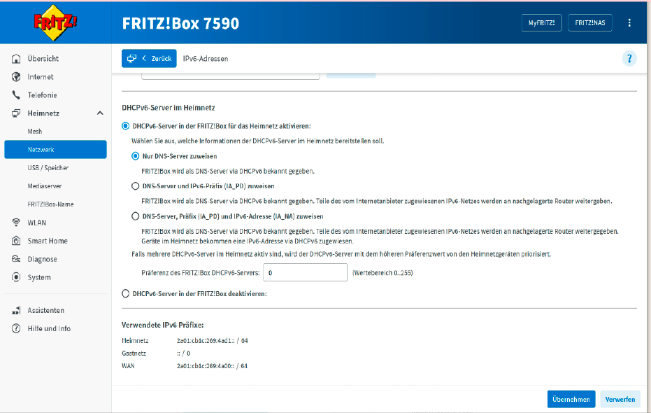 Wie bei IPv4 kann der Router seinen Clients auch IPv6-Adressen automatisch zuweisen. Dafür muss er als DHCPv6-Server arbeiten, was Sie im Fritzbox-Menü unter „Netzwerk“ einstellen können.