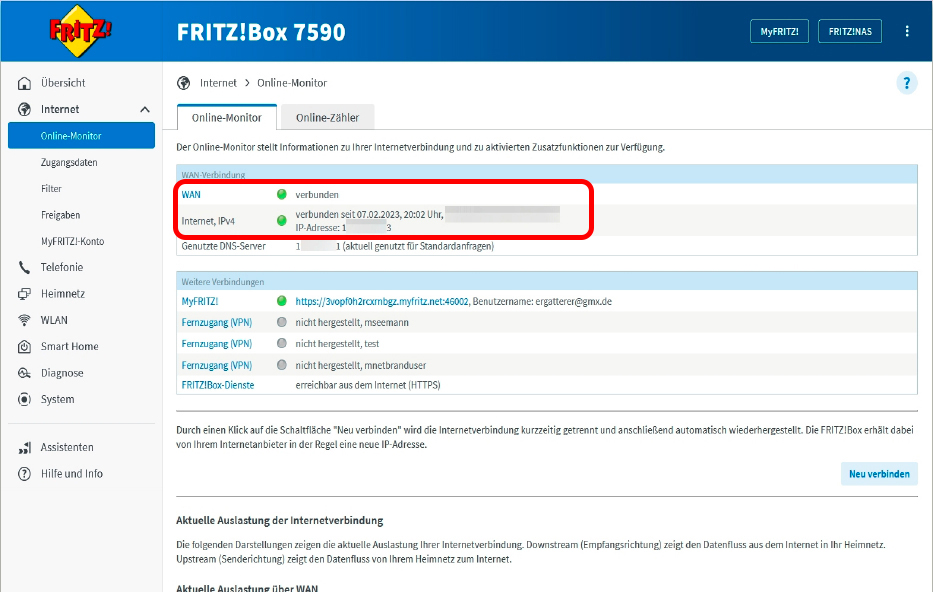 Wenn IPv6 in einer Fritzbox am Dual-Stack-Anschluss nicht aktiviert ist, zeigt der Router unter „WAN-Verbindung“ im Online-Monitor nur die öffentliche IPv4-Adresse an.