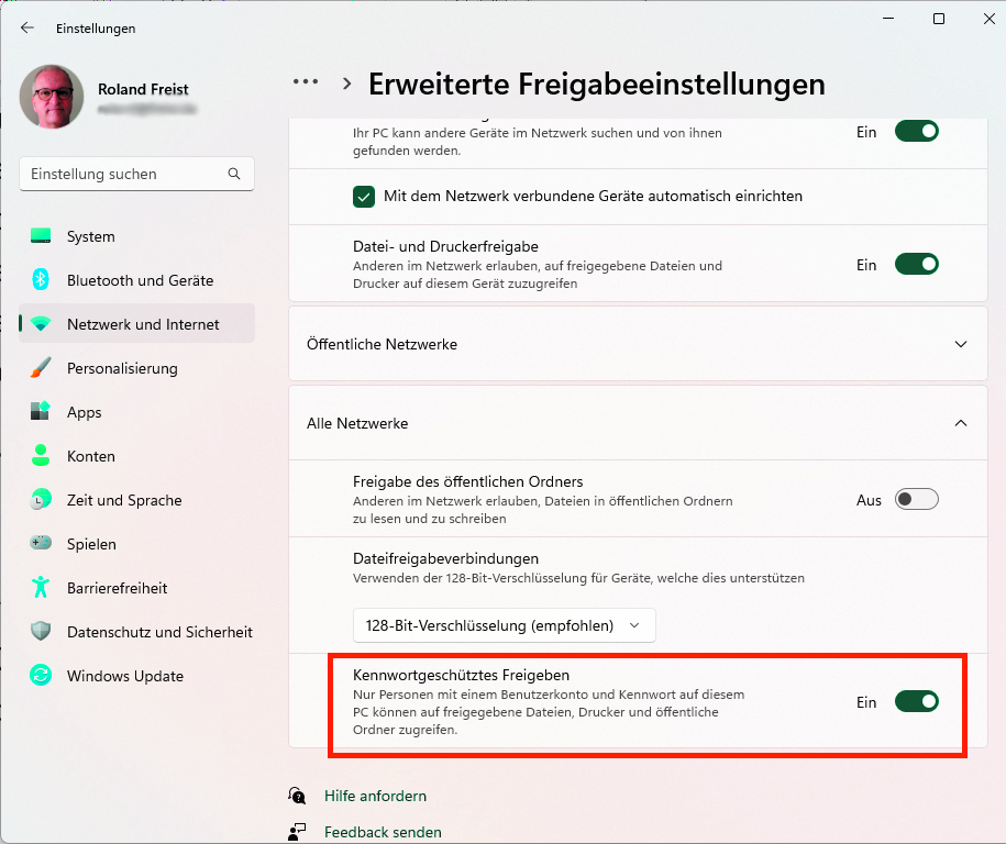 Freigabeeinstellungen Kennwortgeschützte Freigaben