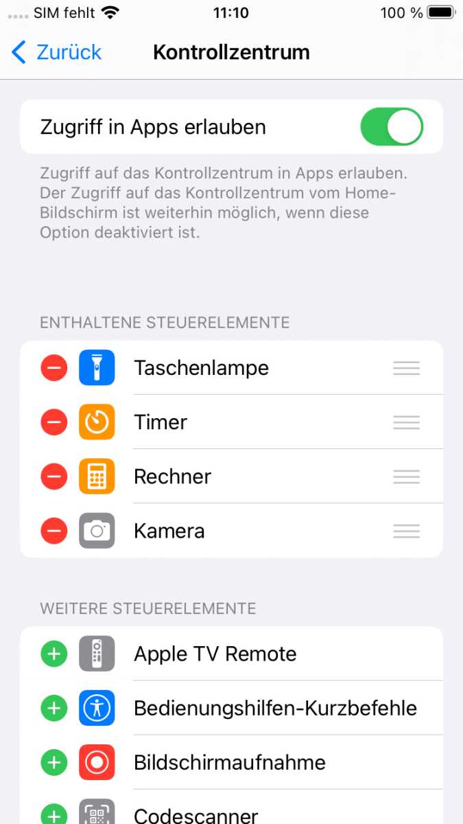 Einstellungen Kontrollzentrum