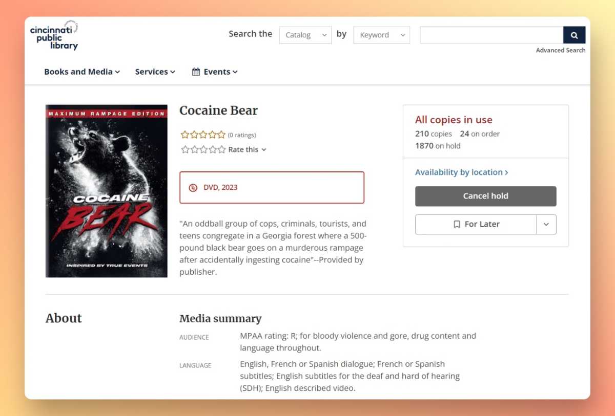Cincinnati Public Library checkout page for Cocaine Bear