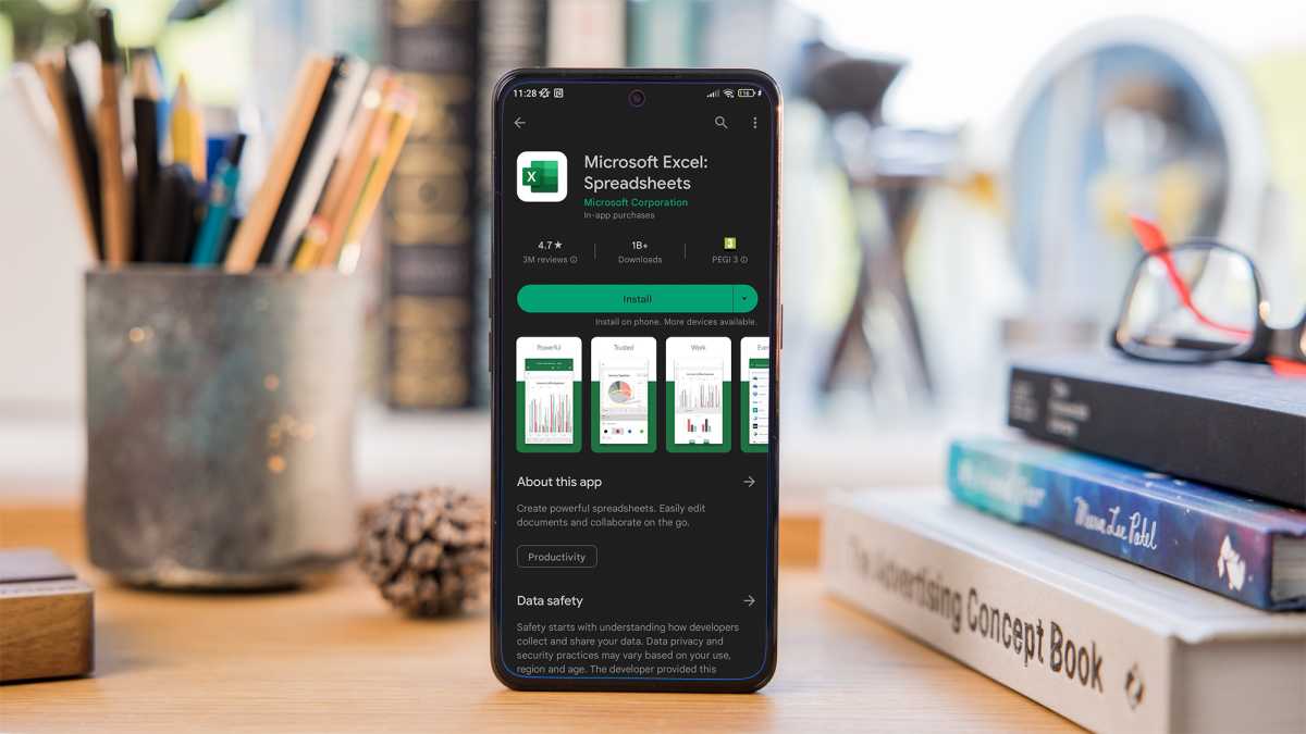 Microsoft Excel app on the Google Play Store on an Android smartphone