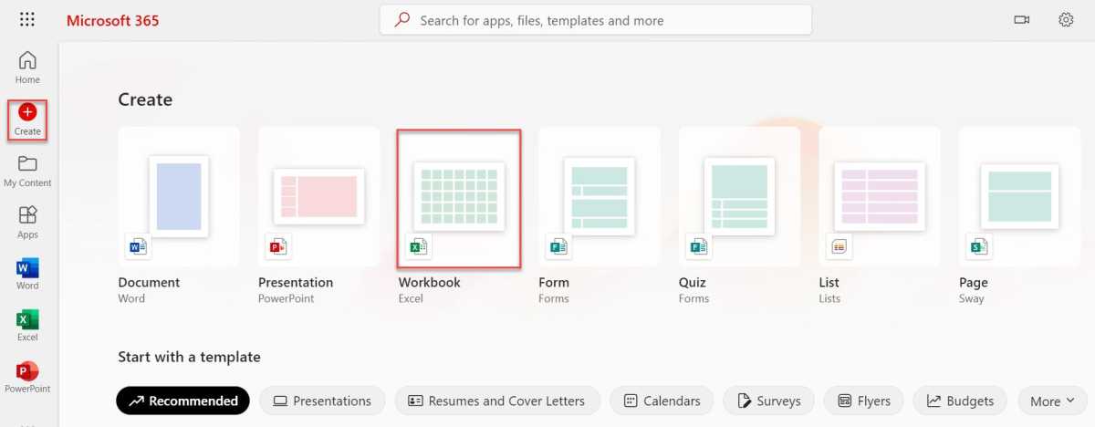 Microsoft Excel create new web document