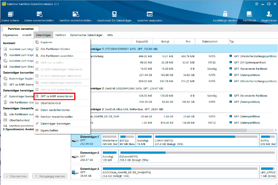 Mit dem kostenlosen Minitool Partition Wizard (auf Heft-DVD) können Sie GPT-Partitionen schnell und ohne Datenverlust in MBR konvertieren. Der umgekehrte Weg ist ebenfalls möglich.