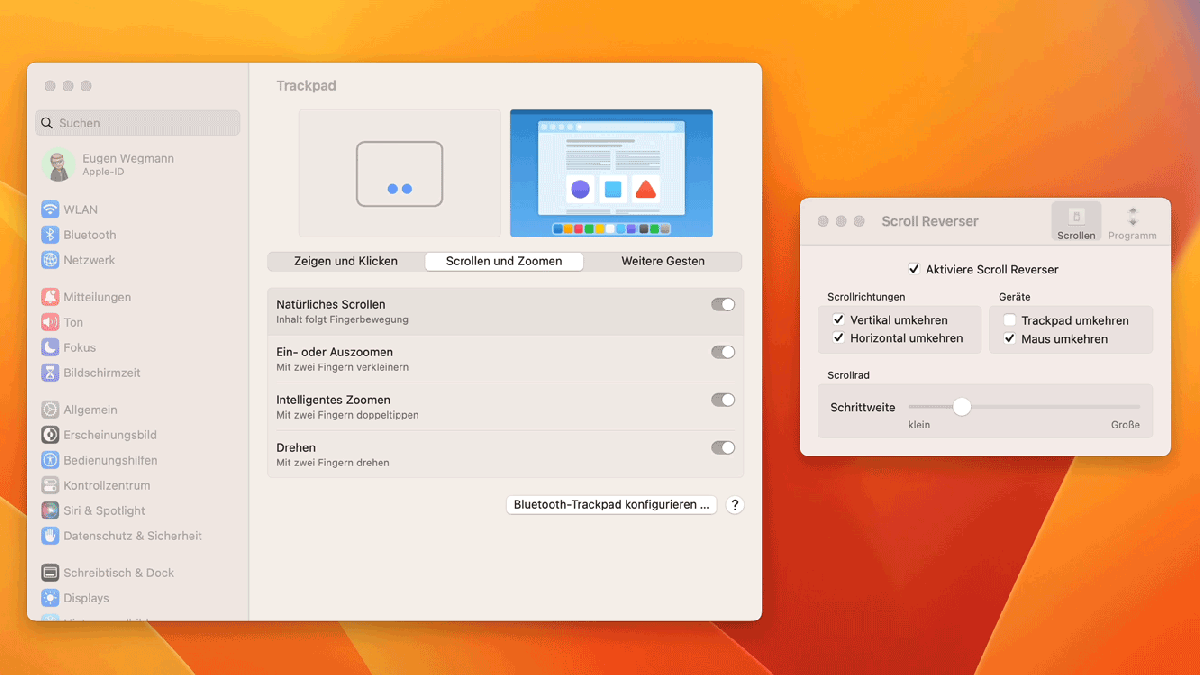 Screenshot der Scroll-Einstellungen von macOS Ventura und dem Konfigurationsfenster der App Scroll Reverser