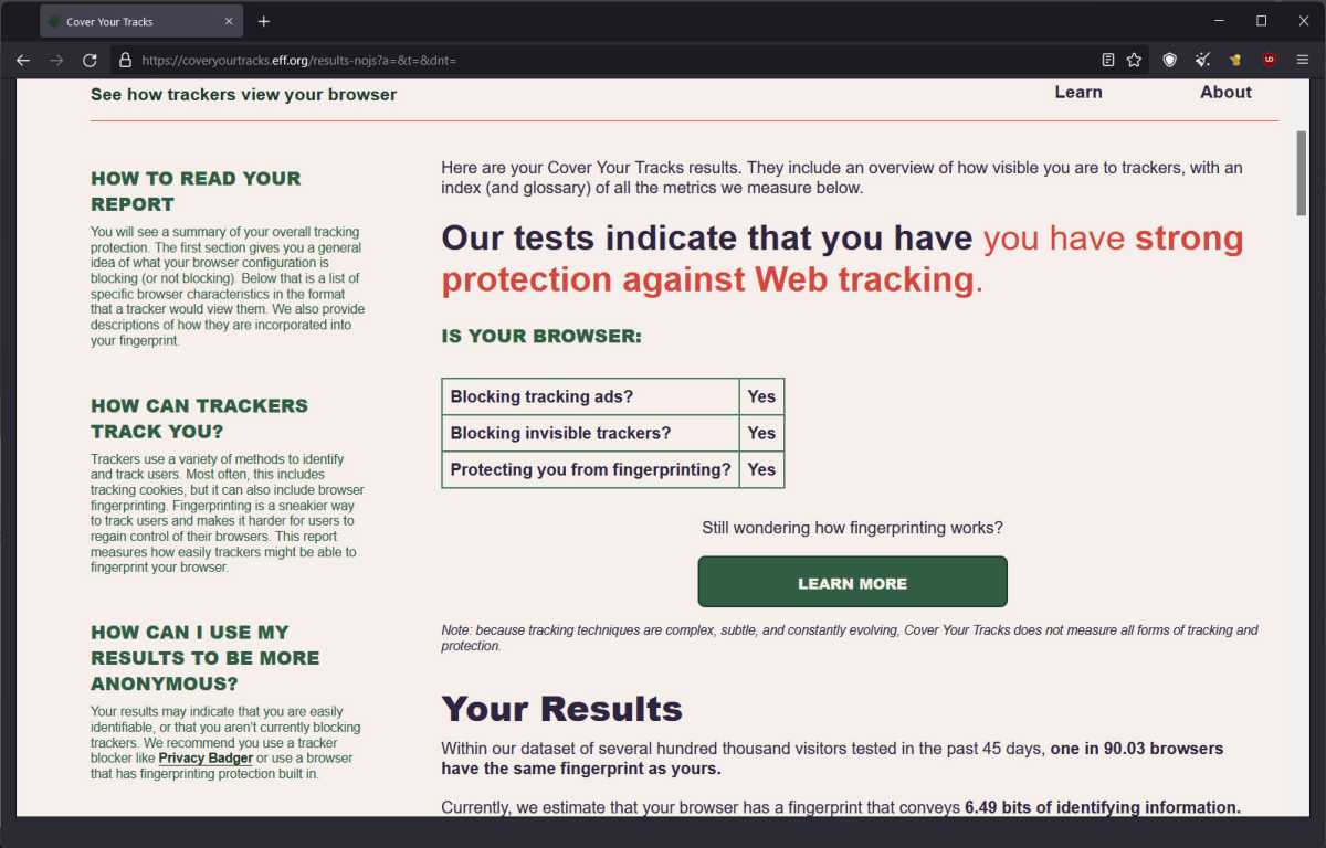 Mullvad browser EFF Cover Your Tracks tool