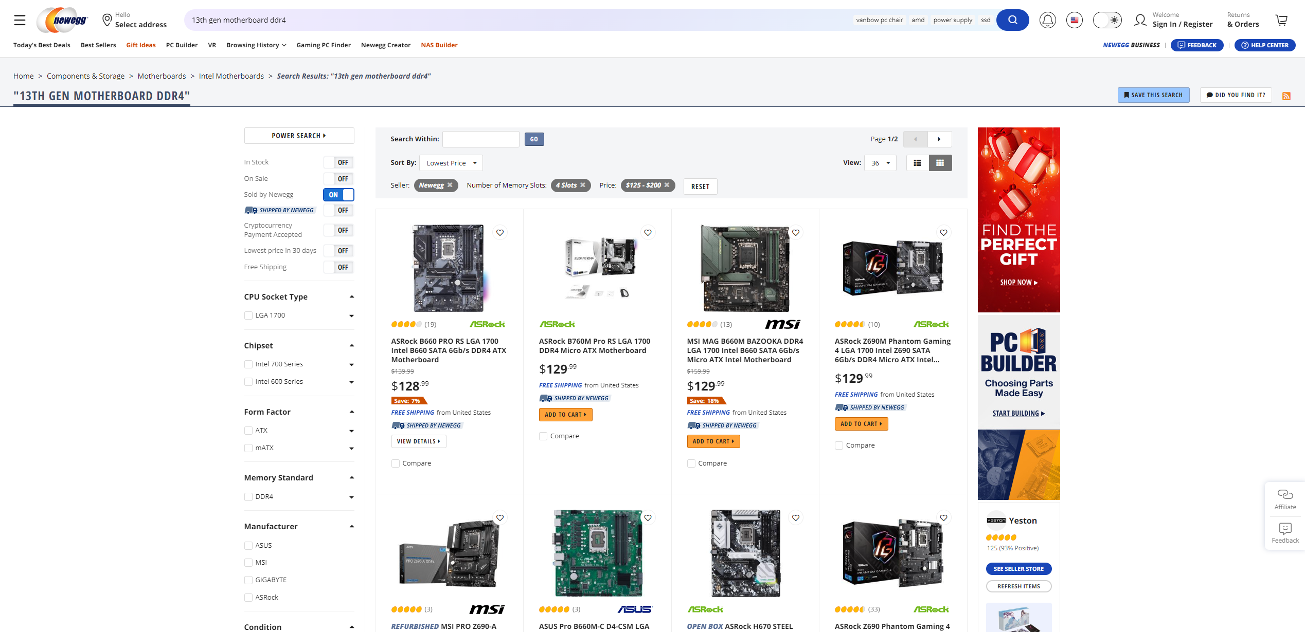 Intel 13th gen DDR4 motherboard options on Newegg