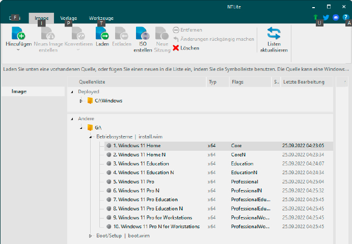 Die Freeware NTLite baut die Dateien auf dem USB-Stick wieder zu einer ISO-Datei zusammen. Dieses File enthält sämtliche verfügbaren Windows-11-Varianten.