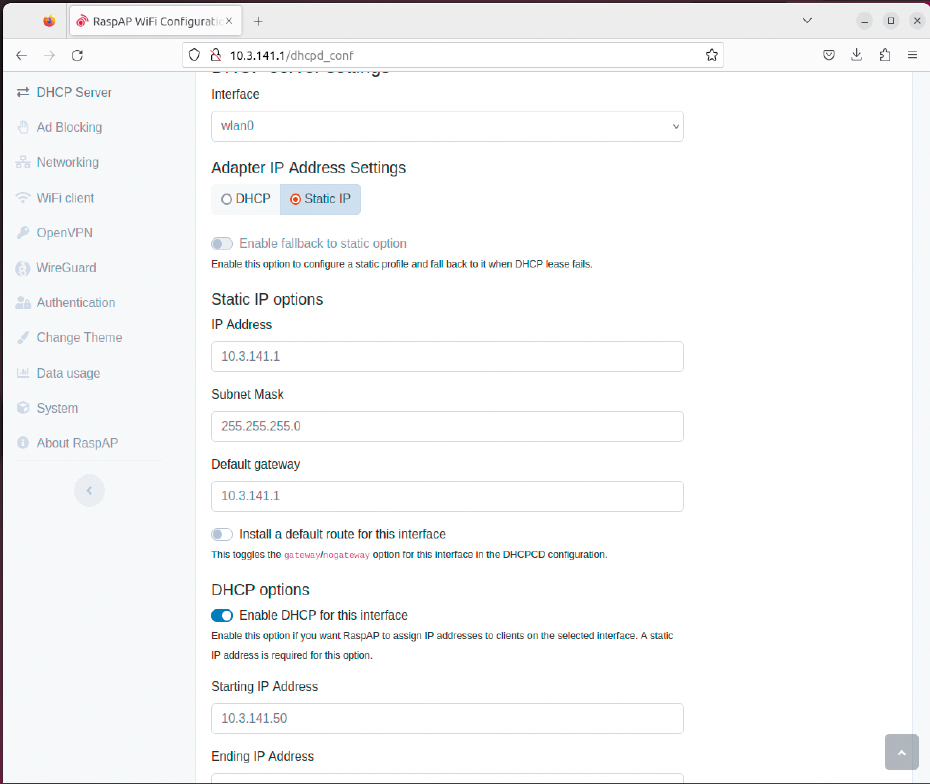 Rasp AP bietet viele Einstellmöglichkeiten, um eigene Netze zu konfigurieren, etwa um einen Upstream-DNS einzurichten oder individuelle DNS-Server einzutragen.