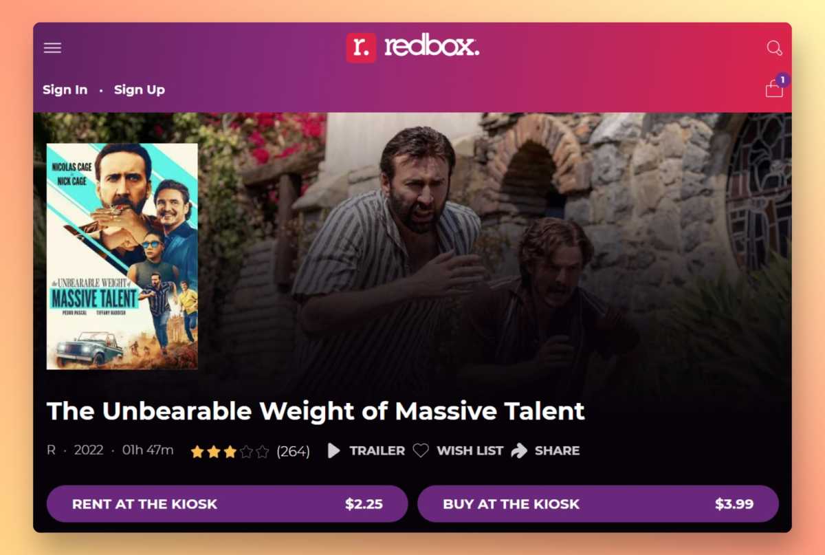 Redbox kiosk page for The Unbearable Weight of Massive Talent