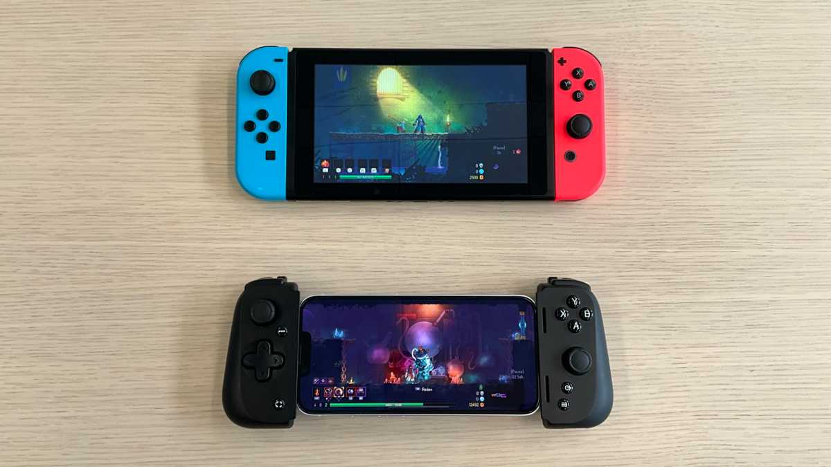 Razer Kishi V2 mit iPhone 14 neben Nintendo Switch zum Größenvergleich