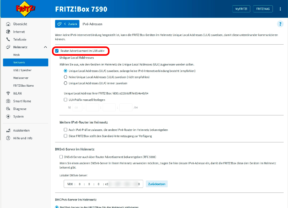 Für den Internetzugriff benötigen die IPv6-Clients im Heimnetz bestimmte Informationen vom Router – zum Beispiel das Präfix. Das erhalten sie, wenn im Menü die Einstellung „Router Advertisement im LAN aktiv“ eingeschaltet ist.