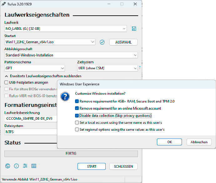 Bevor Rufus den Setupstick für Windows 11 konfiguriert, fragt das Programm, ob es bestimmte Elemente aus der Installation herausnehmen soll.