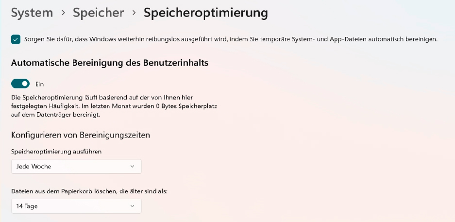 Bei Windows 11 lässt sich das Entfernen temporärer Dateien automatisieren. So verhindern Sie effektiv, dass sich Ihr System mit der Zeit wieder zumüllt und dadurch ausgebremst wird.