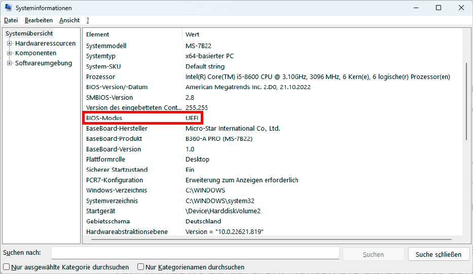 In den Systeminformationen von Windows erkennen Sie, ob Ihr Rechner mit einem Legacy- oder wie hier im dargestellten Bild im echten Uefi-Modus arbeitet.