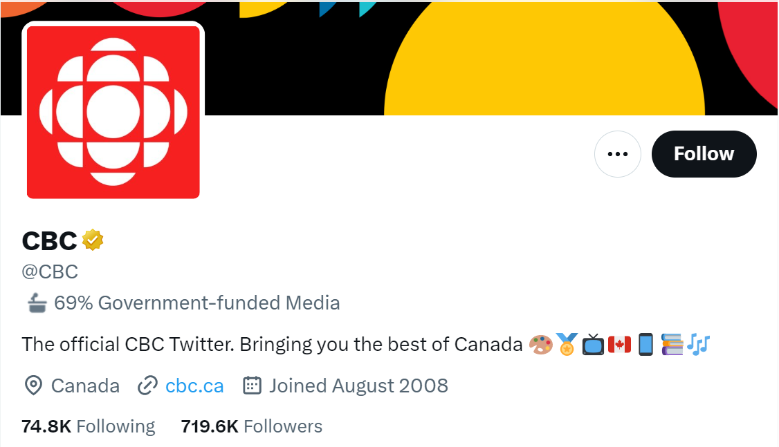 CBC government funded dedicated media label on Twitter.