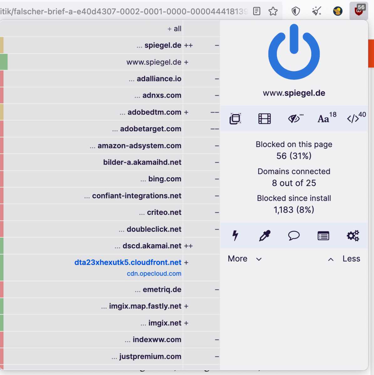 Liste der blockierten Elemente in uBlock