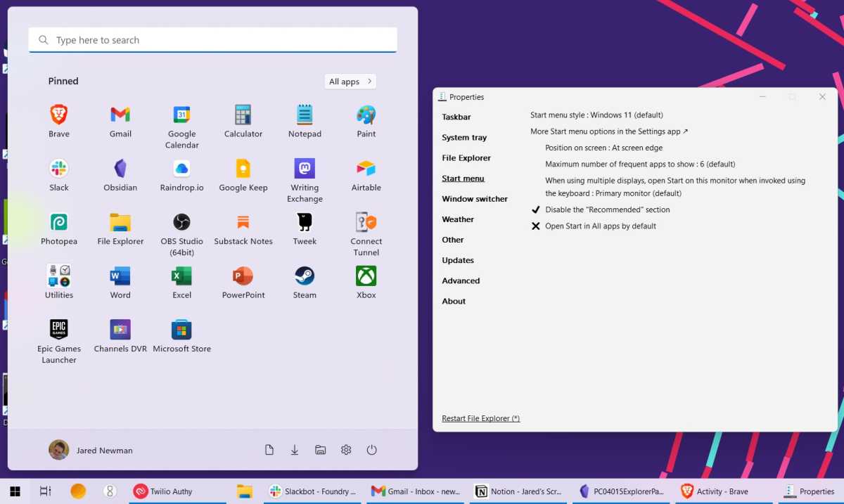 Microsoft Explorer Patcher Start menu settings