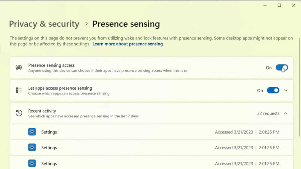 Windows 11 beta presence detection settings