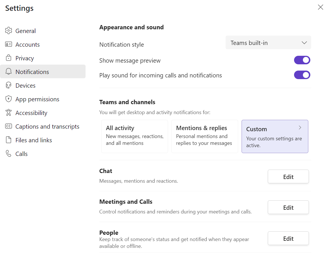 Screenshot of Windows 11 Microsoft Teams notification settings