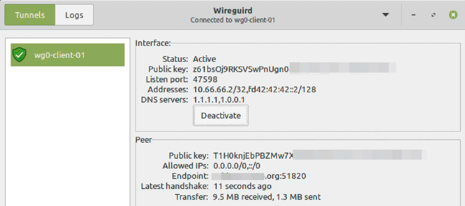 Grafischer Helfer: Wireguird kann VPN-Verbindungen aufbauen und beenden, wofür root-Recht erforderlich ist. Außerdem lässt sich die Konfiguration bearbeiten.