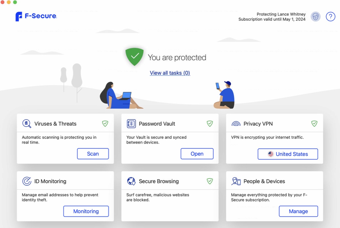 The main screen of F-Secure Total displays all the key features, including virus scanning, password vault, and secure browsing.