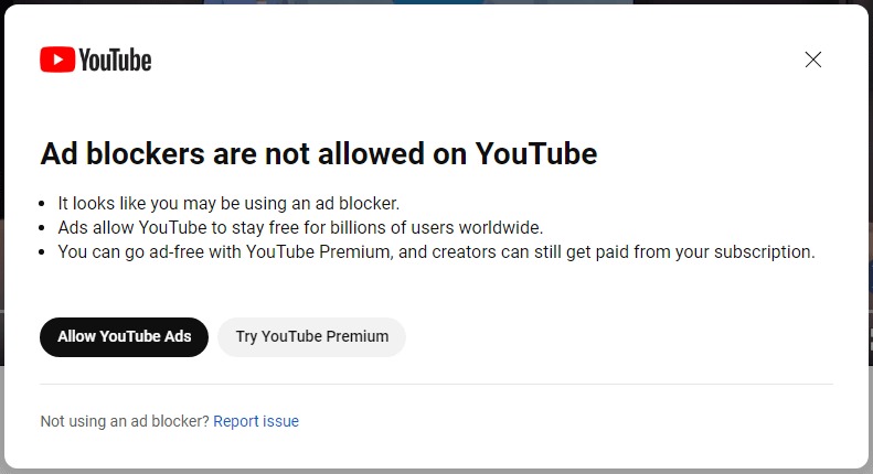YouTube ad blocker message 
