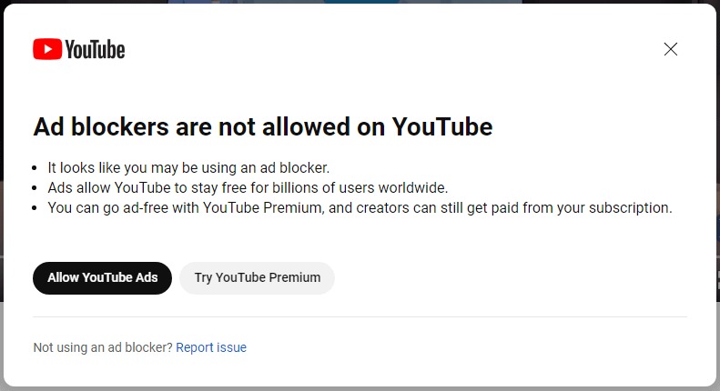 YouTube ad blocker message