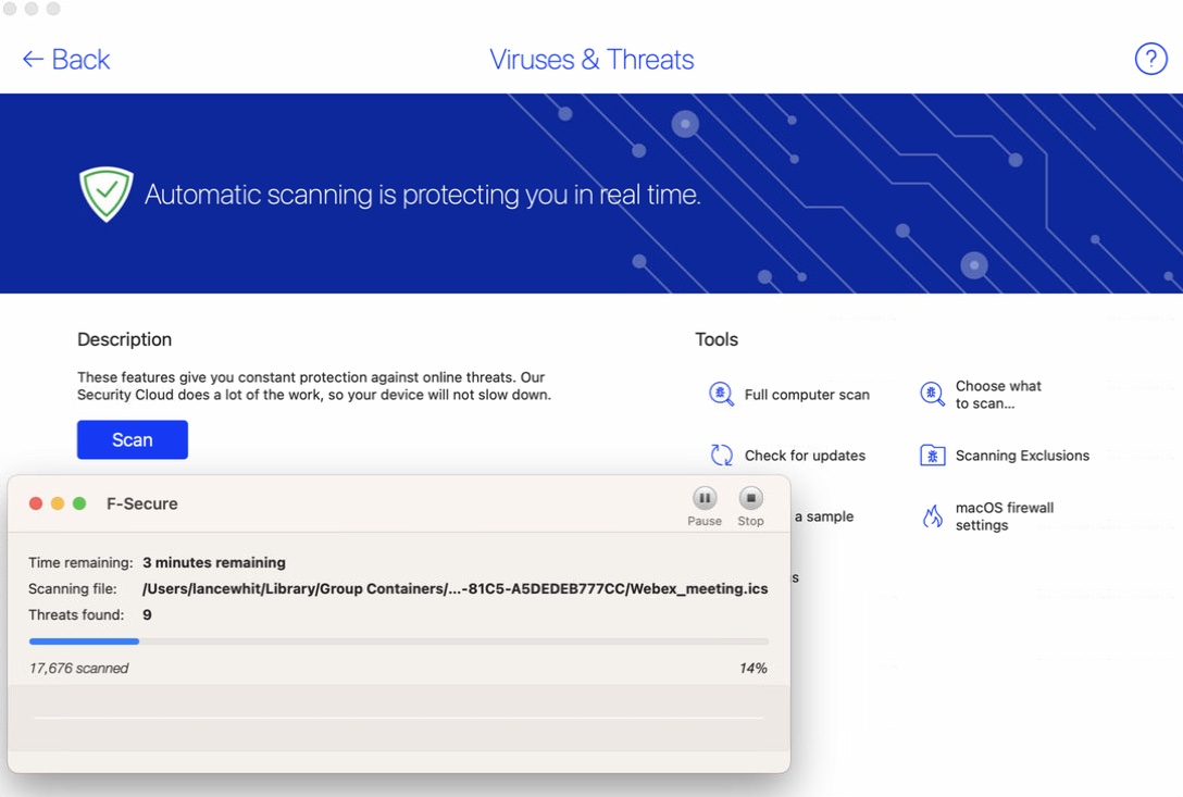 F-Secure Total for Mac lets you run a full virus scan, but not a quick scan or a scheduled scan