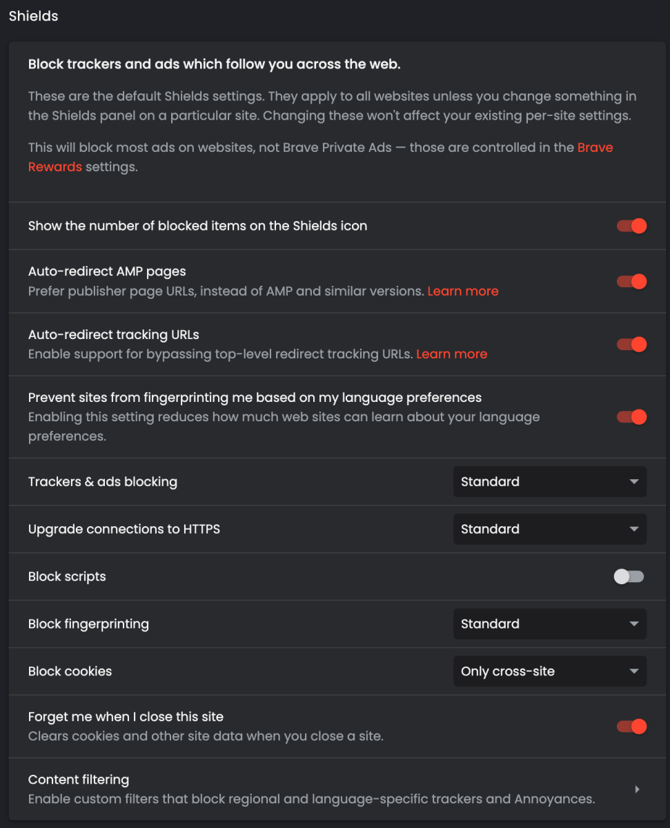 Brave browser Shields settings menu