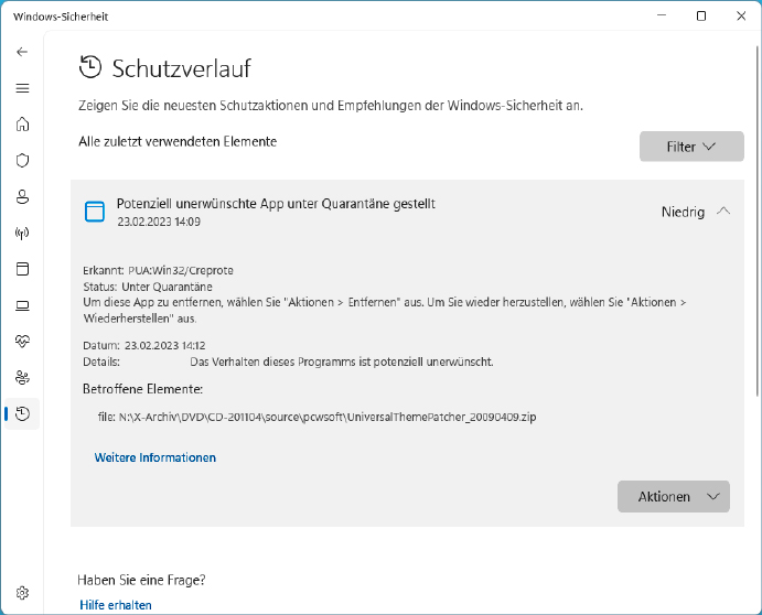 Hier hat der Microsoft Defender eine eher harmlose Datei blockiert und unter Quarantäne gestellt. Auf einem privaten PC sollte diese Software ausreichend schützen. Für Firmen gibt es andere Programme.