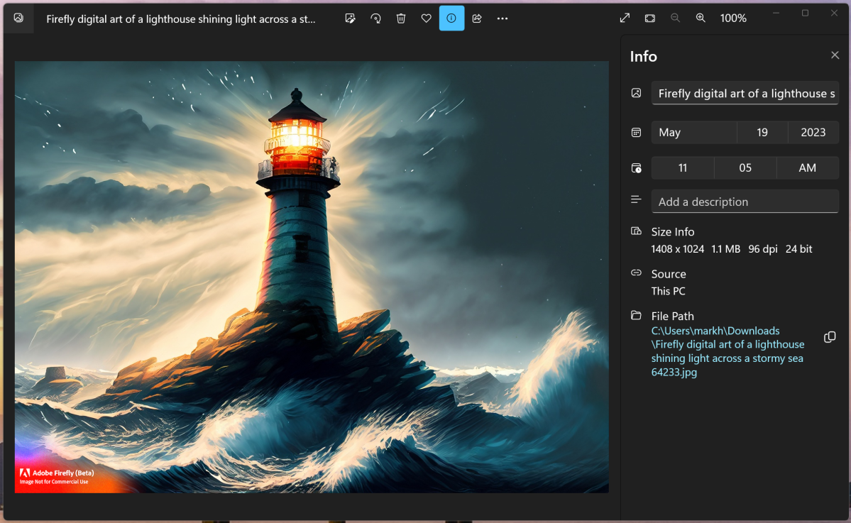 Adobe Firefly lighthouse in Windows 11 Photos