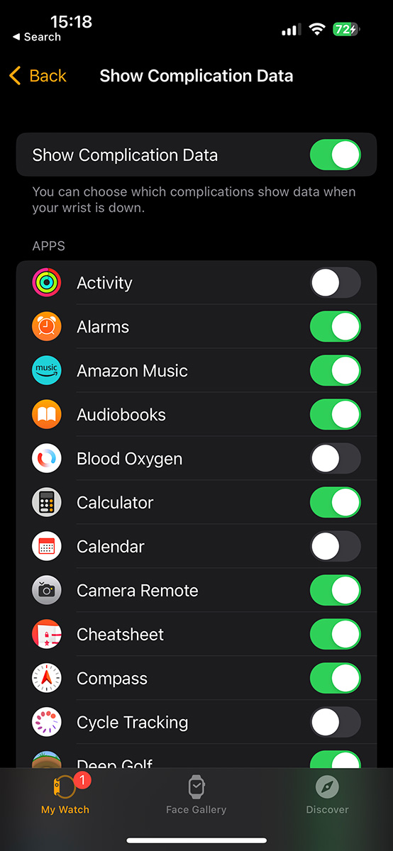 Apple Watch Show Complication Data menu