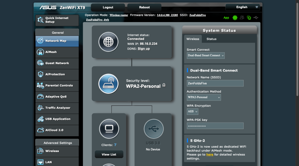 A screengrab of the Asus ZenWiFi XT9 system's desktop control panel, showing the network map, network name, and password