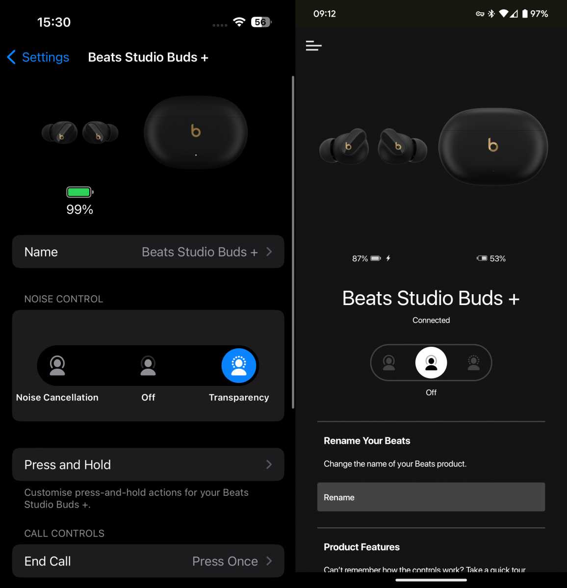 Configuración de los Beats Studio Buds+ en iPhone (izquierda) y Android (derecha)
