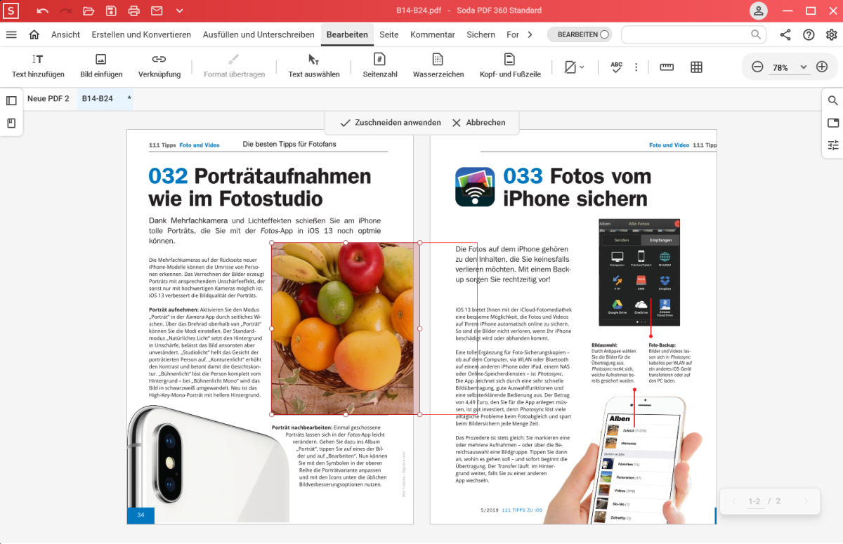 Sie dürfen mit der Standard-Version von Soda PDF auch Bilder in PDF-Dokumenten austauschen. Löschen Sie dazu das alte Bild, markieren Sie den Rahmen, und laden Sie dann das neue Bild in das Programm. Zum Anpassen der Größe lässt sich das Bild beschneiden oder verkleinern.