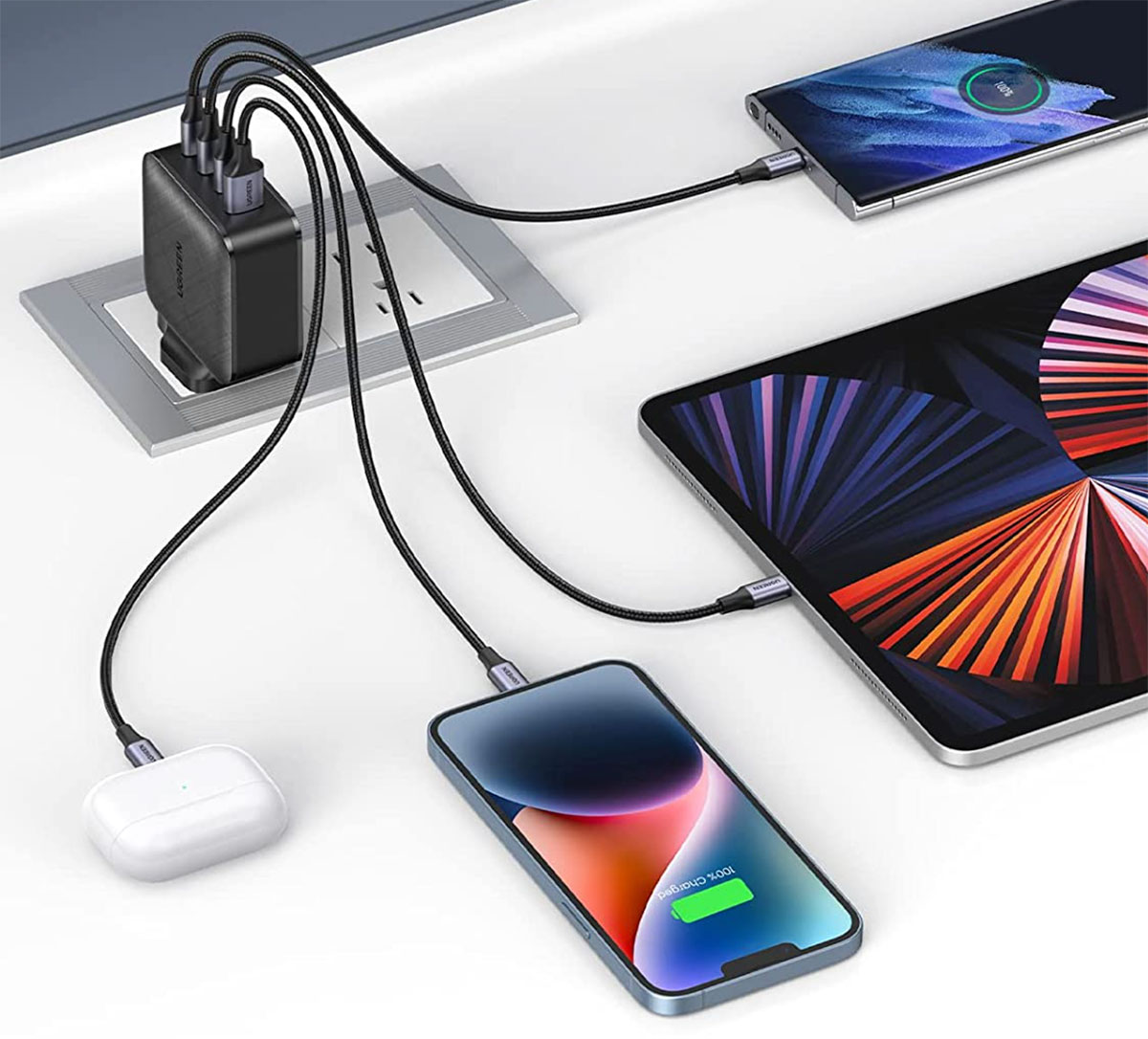 USB-C wall charger charging multiple devices