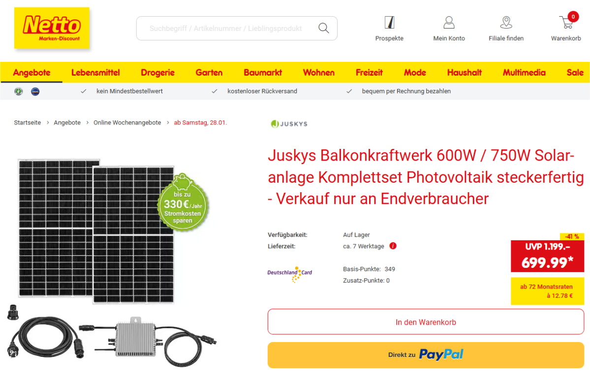 Eine Milch und ein Balkonkraftwerk bitte: Mitschleppen kann man die Photovoltaik-Anlage zwar nicht, das Discounterangebot aber zeigt: Photovoltaik ist im Massenmarkt angekommen.