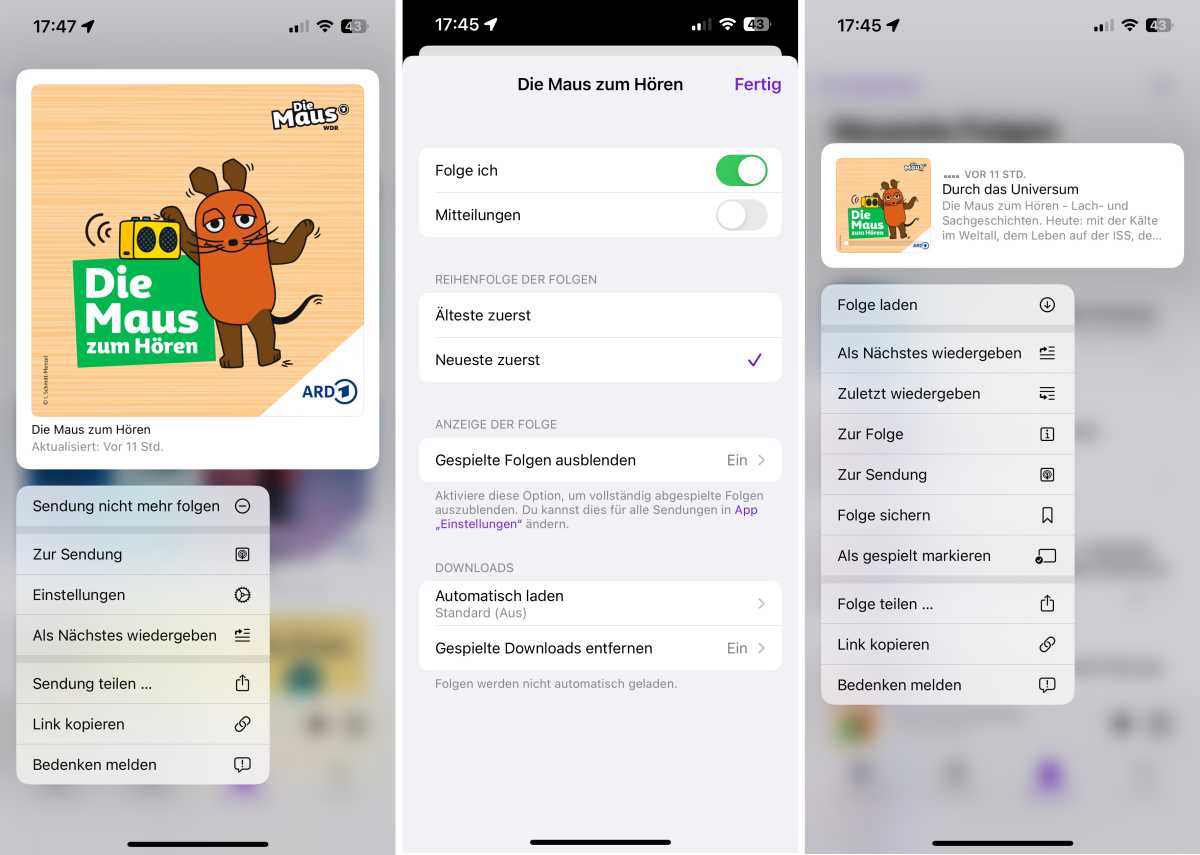 Einstellungen für Sendungen und Episoden vornehmen