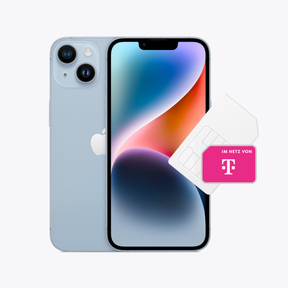 iPhone 14 in Blau neben einer Telekom-SIM-Karte