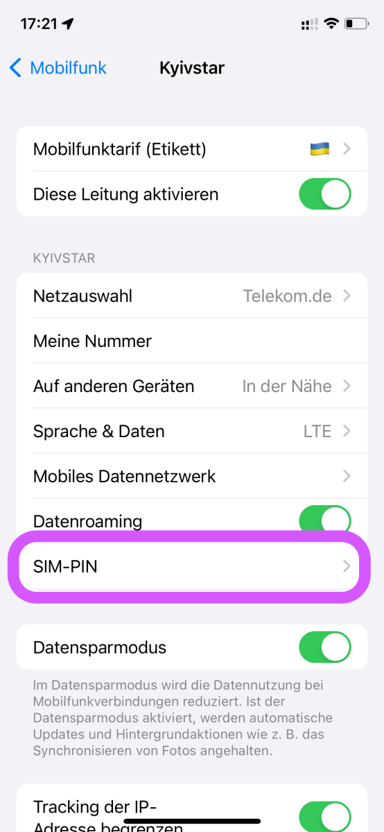 "SIM-PIN" ist der Reiter, wo Sie die PIN aktivieren, deaktivieren oder ändern können.