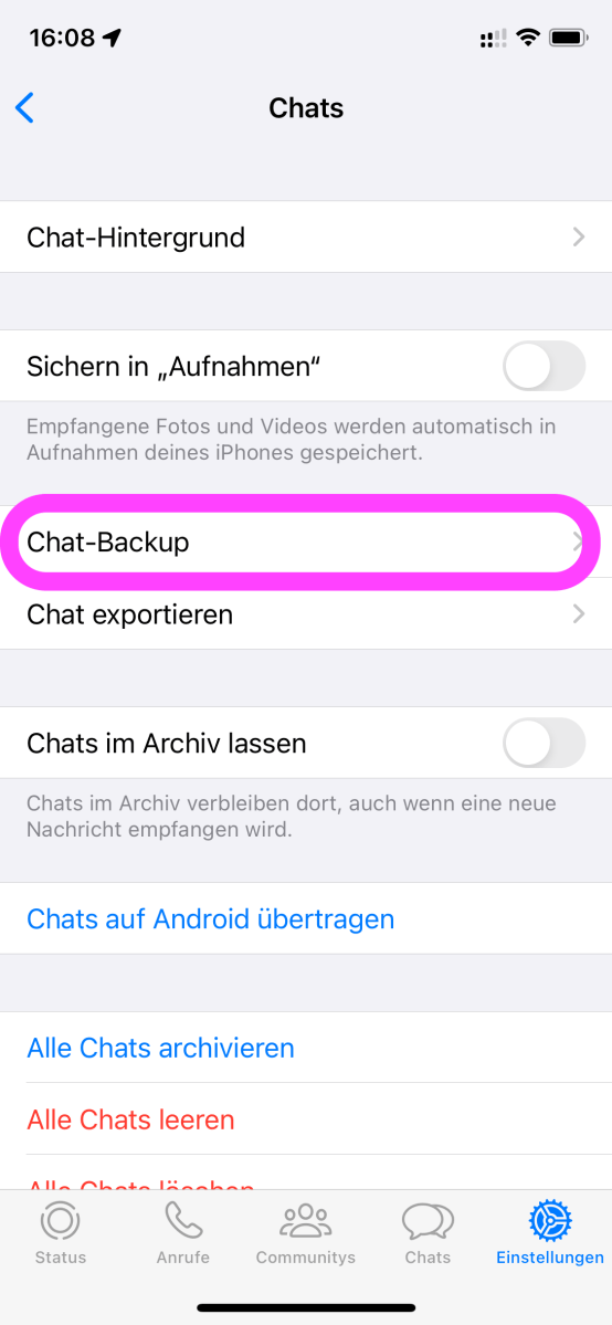 Dort gibt es eine Einstellung "Chat-Backup".